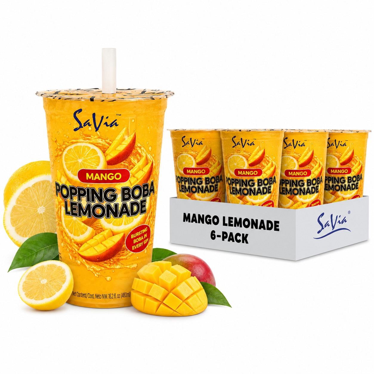Savia Popping Boba – Trendy Bursting Fruit Pearls, 6 Pack (16.2 fl oz Each) – Perfect for Bubble Tea, Desserts & Drinks – Ready-to-Serve, Fun & Refreshing