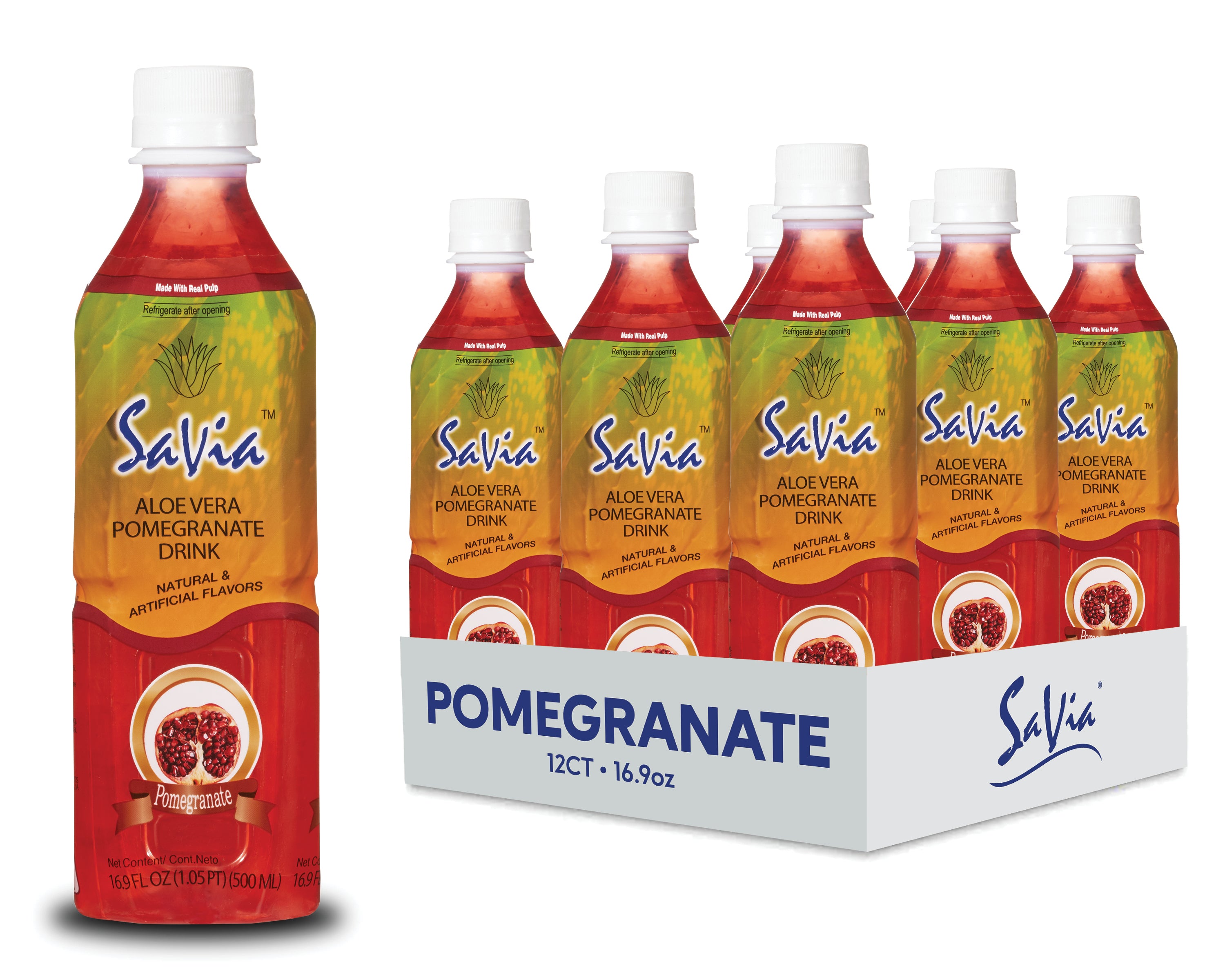 Savia - Aloe Vera Drink, Quality Aloe-Based Beverage, Made with Real Aloe Pulp & Natural, Delicious & Refreshing, Vegetarian, Gluten-Free, Fat- Free (16.9oz, 12-pack)