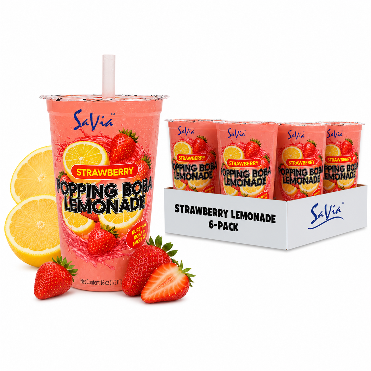 Savia Popping Boba – Trendy Bursting Fruit Pearls, 6 Pack (16.2 fl oz Each) – Perfect for Bubble Tea, Desserts & Drinks – Ready-to-Serve, Fun & Refreshing