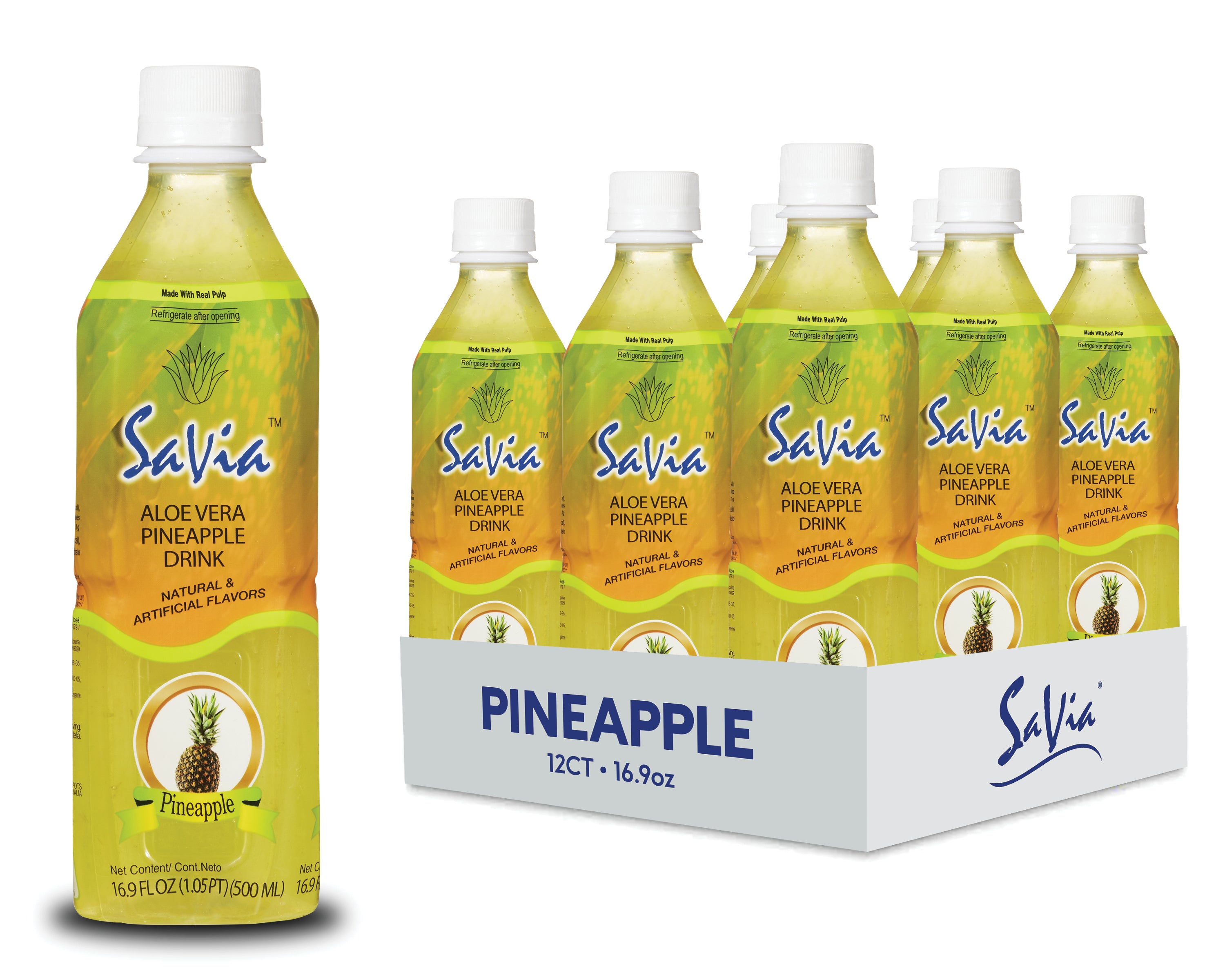 Savia - Aloe Vera Drink, Quality Aloe-Based Beverage, Made with Real Aloe Pulp & Natural, Delicious & Refreshing, Vegetarian, Gluten-Free, Fat- Free (16.9oz, 12-pack)